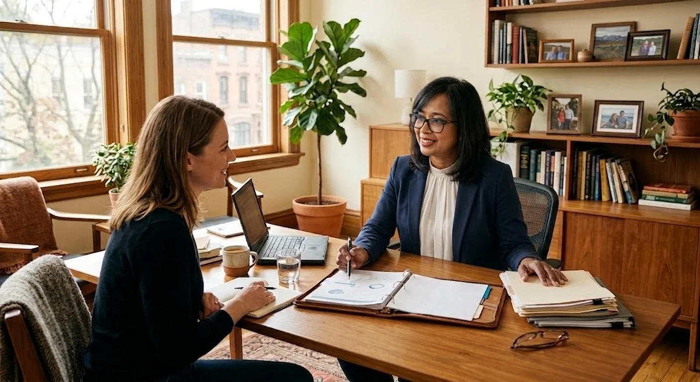 Senior finance advisor reviewing client financial reports with a client