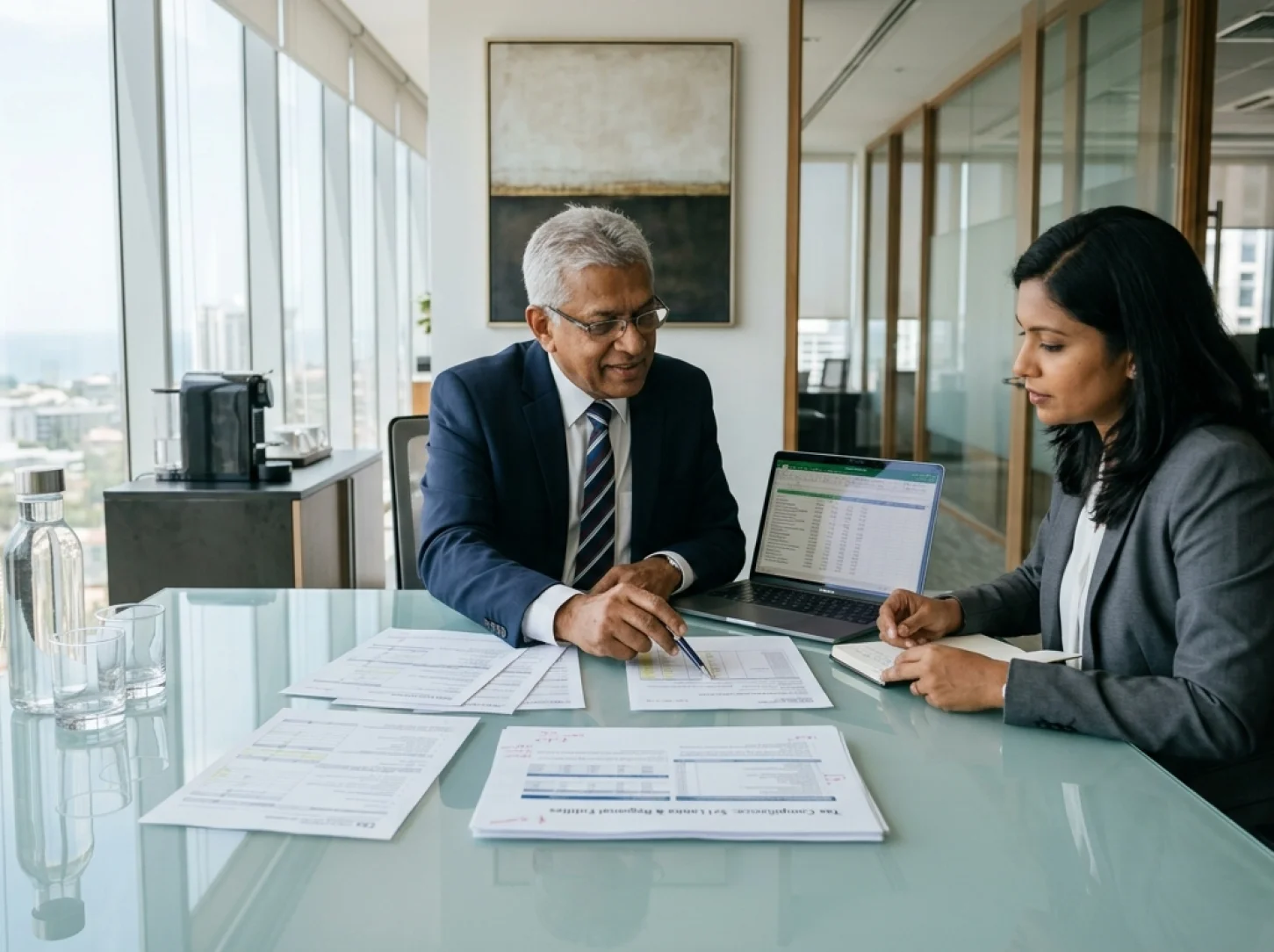 Senior finance leader and tax adviser reviewing tax compliance and reporting schedules