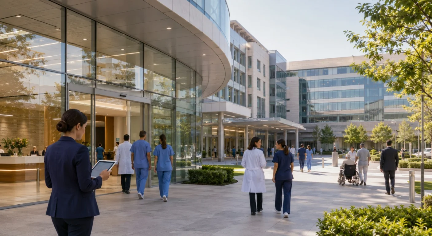 Hospital staff and management coordinating outside a growing multi-hospital healthcare facility