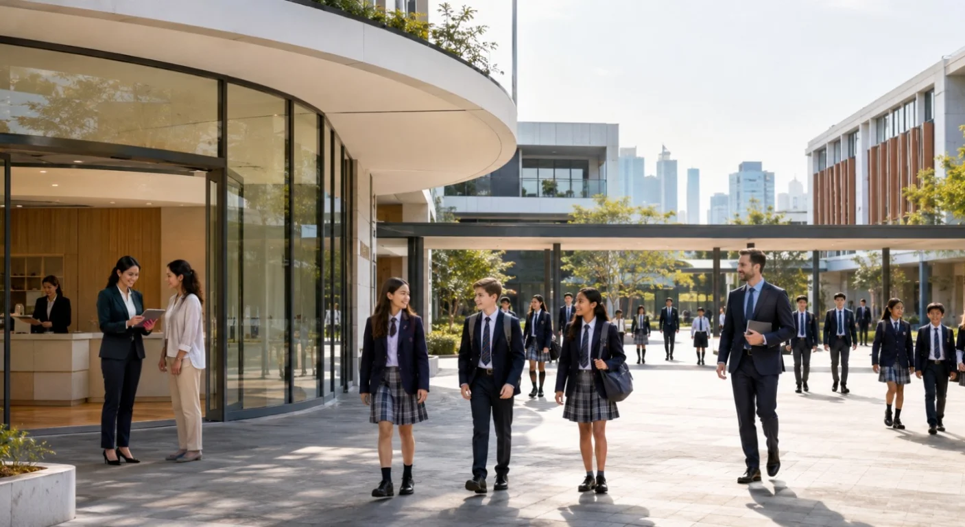 International school staff greeting students at a nationwide school group campus entrance