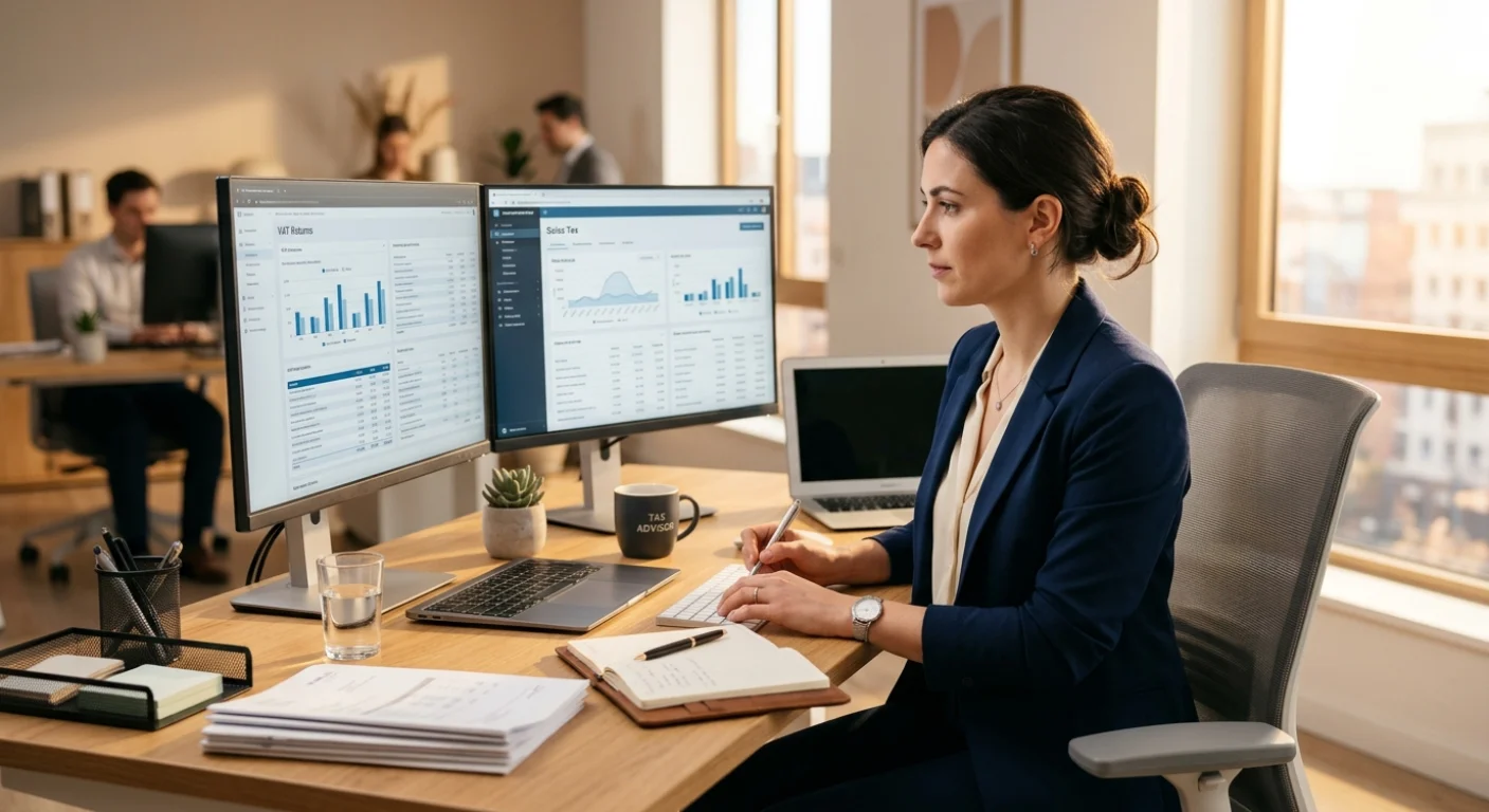 Tax advisor reviewing VAT returns and compliance dashboard at her desk