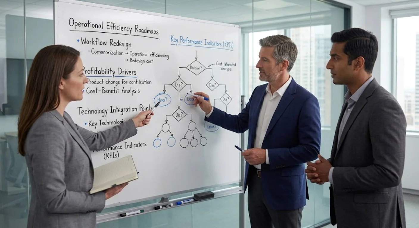 Finance team mapping an operational efficiency roadmap and KPIs on a whiteboard