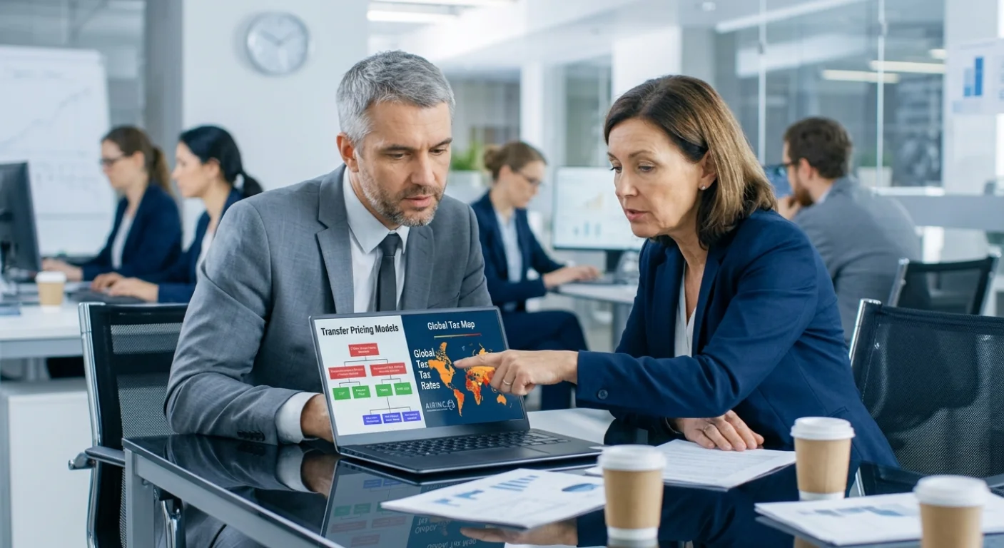 Tax professionals reviewing a global tax map and transfer pricing models on a laptop