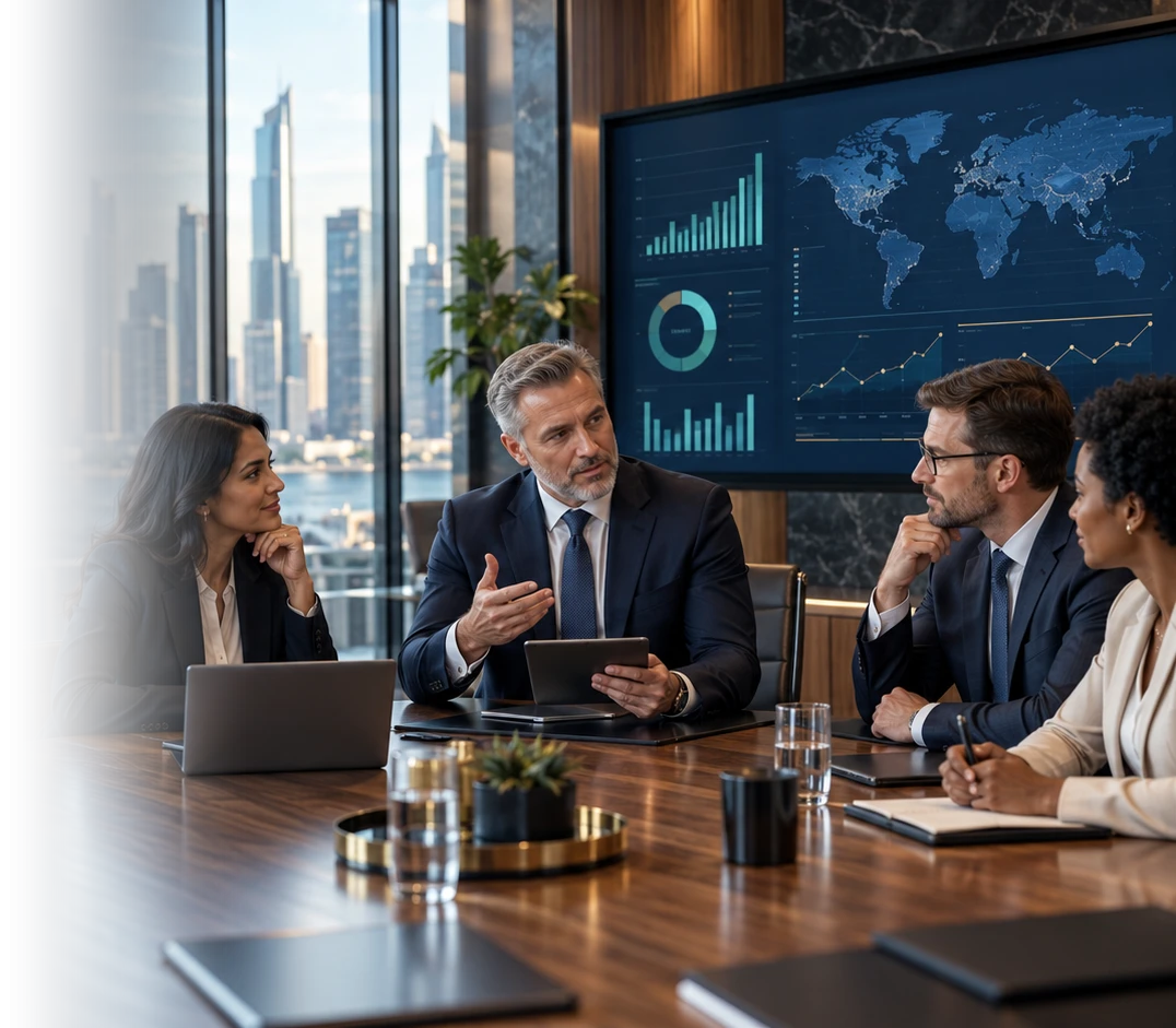 Internationally qualified Virtual and Fractional CFOs in a boardroom discussion with business leaders
