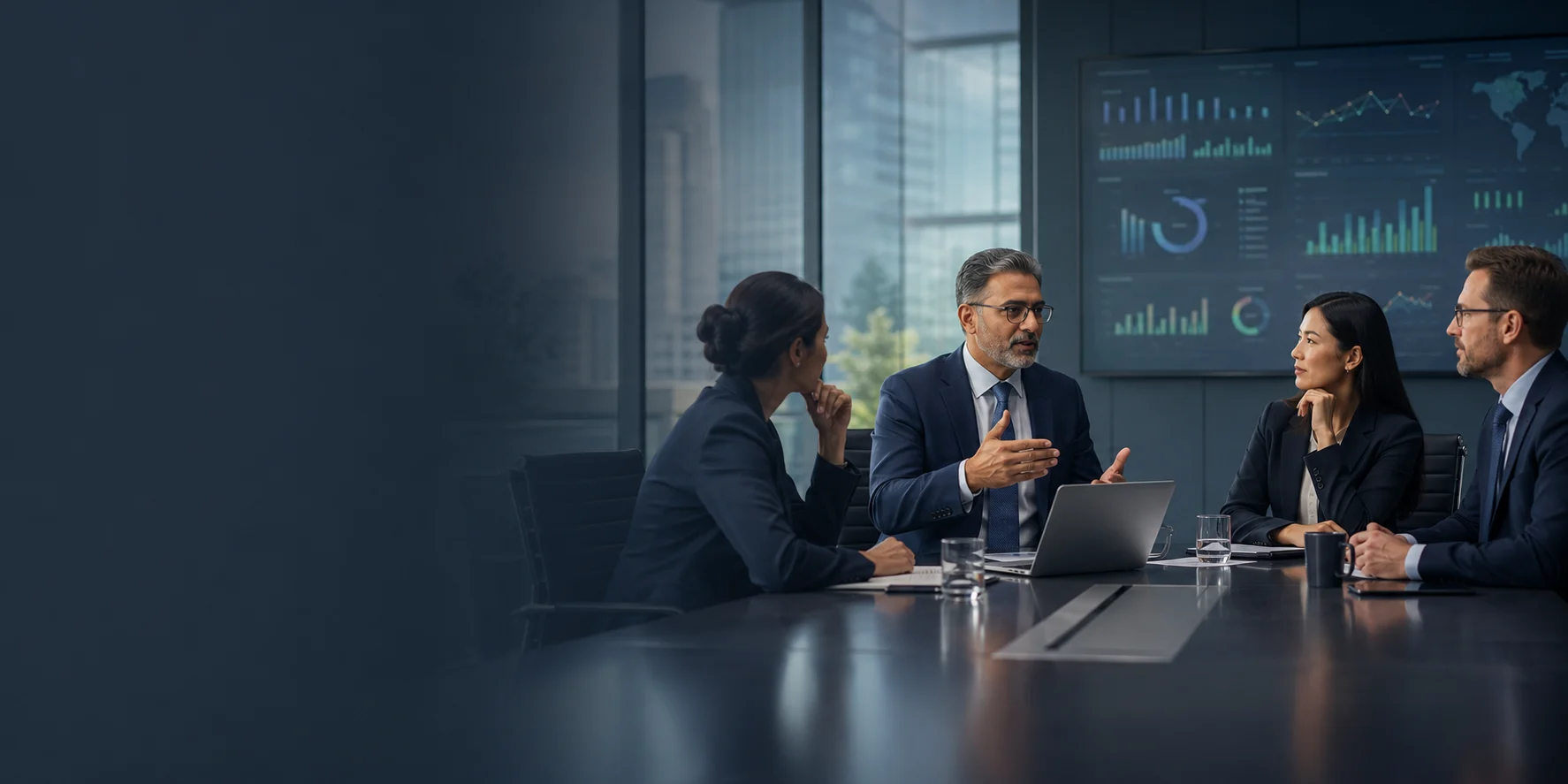 Internationally qualified Virtual and Fractional CFOs reviewing performance dashboards with a client leadership team