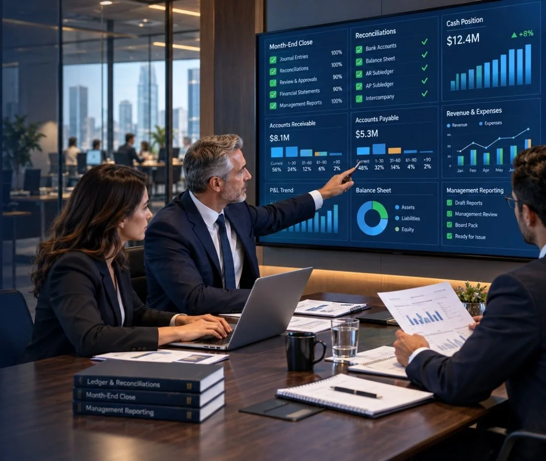 Finance team reviewing month-end close, reconciliations and cash position dashboard
