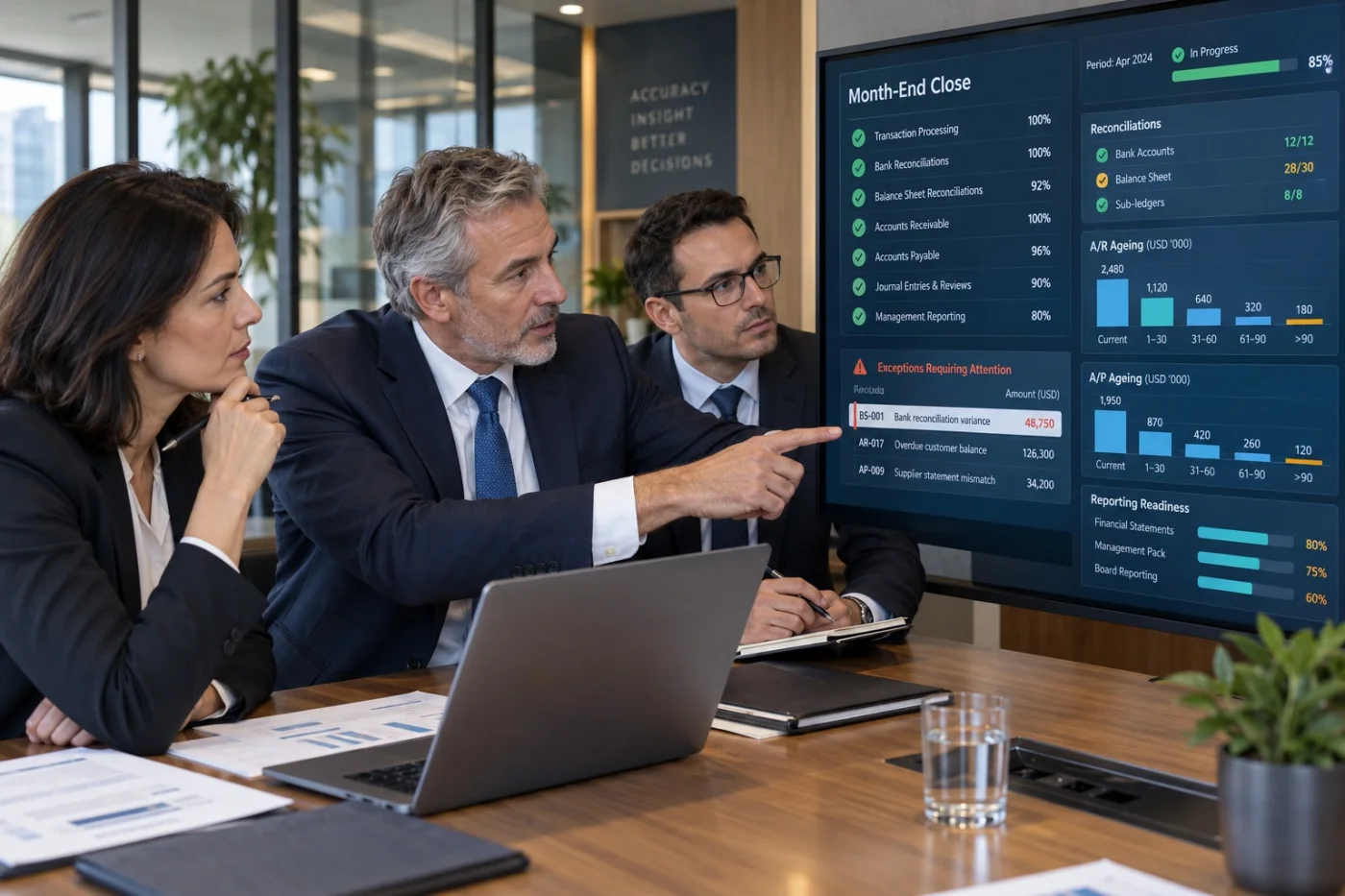 Finance professionals reviewing month-end close exceptions and reporting readiness