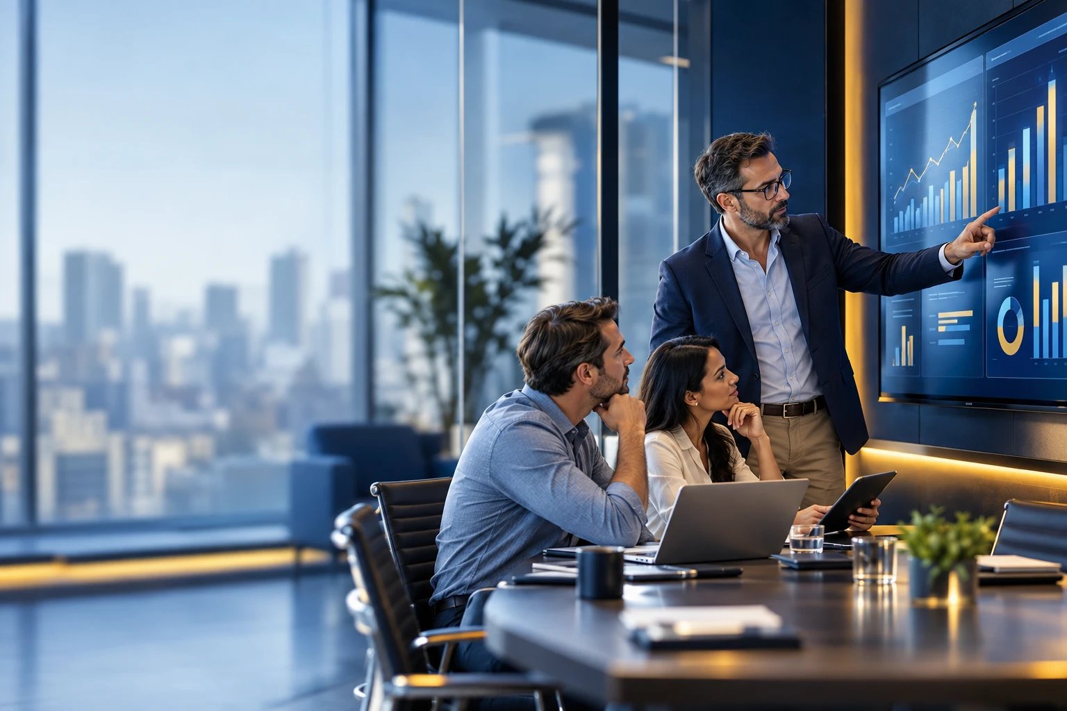 Advertising and media leaders reviewing commercial performance dashboards on a wall screen in a glass-walled meeting room