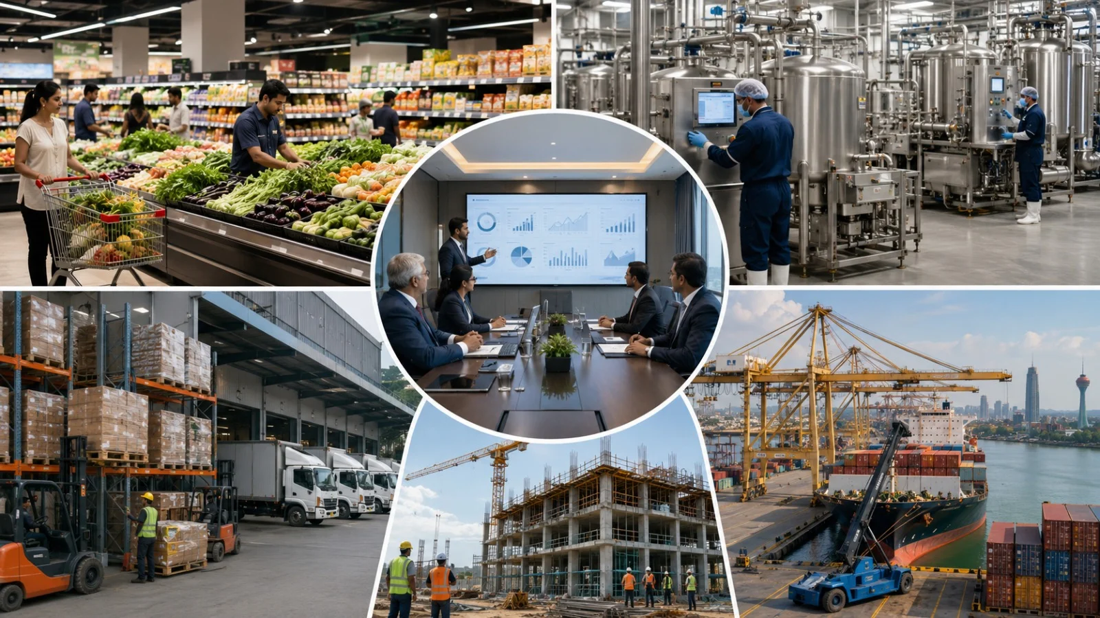 Collage of diversified group operations — retail, manufacturing, warehousing, construction and shipping — with a boardroom reviewing consolidated dashboards