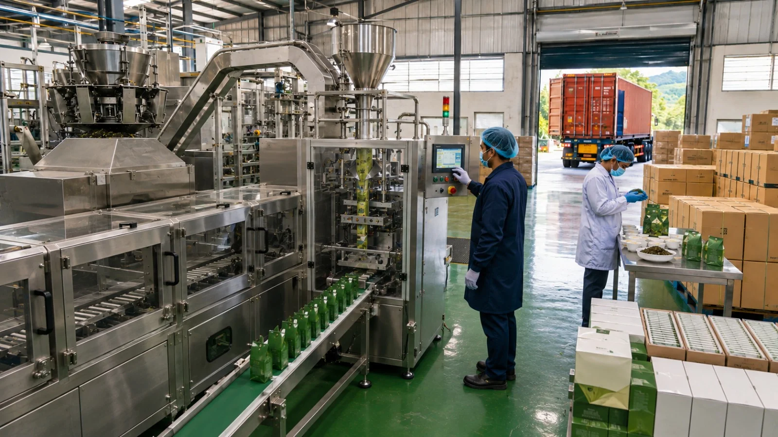 Workers monitoring an automated tea packaging line with export truck loading in the background
