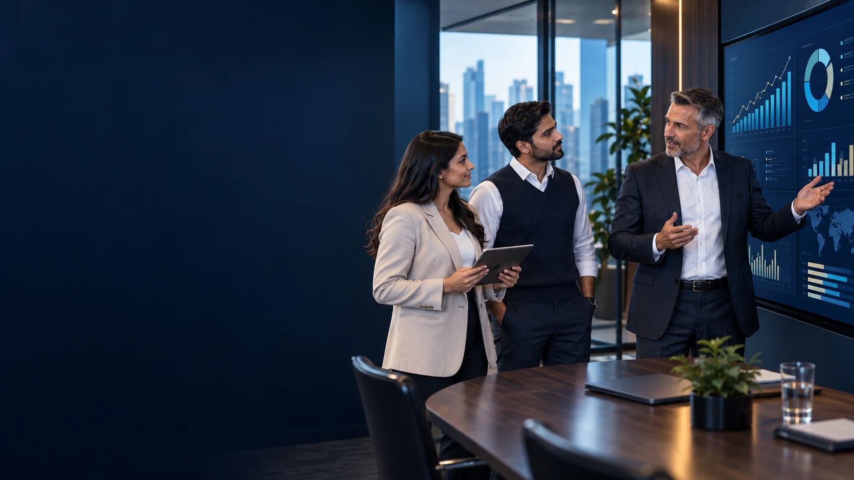 Finance and technology professionals collaborating on an international client engagement