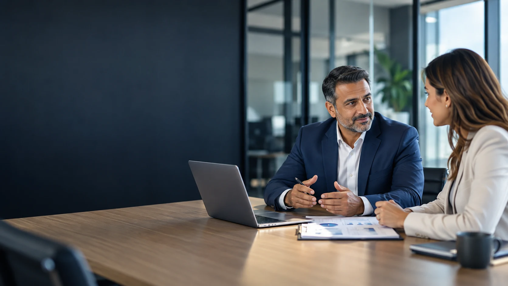 Experienced Virtual CFO discussing financial priorities with a business leader in a meeting room