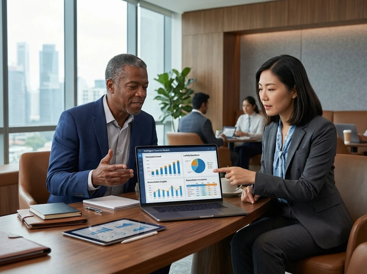 CFO discussing forecasted growth, liquidity breakdown and reconciliation insights with a colleague