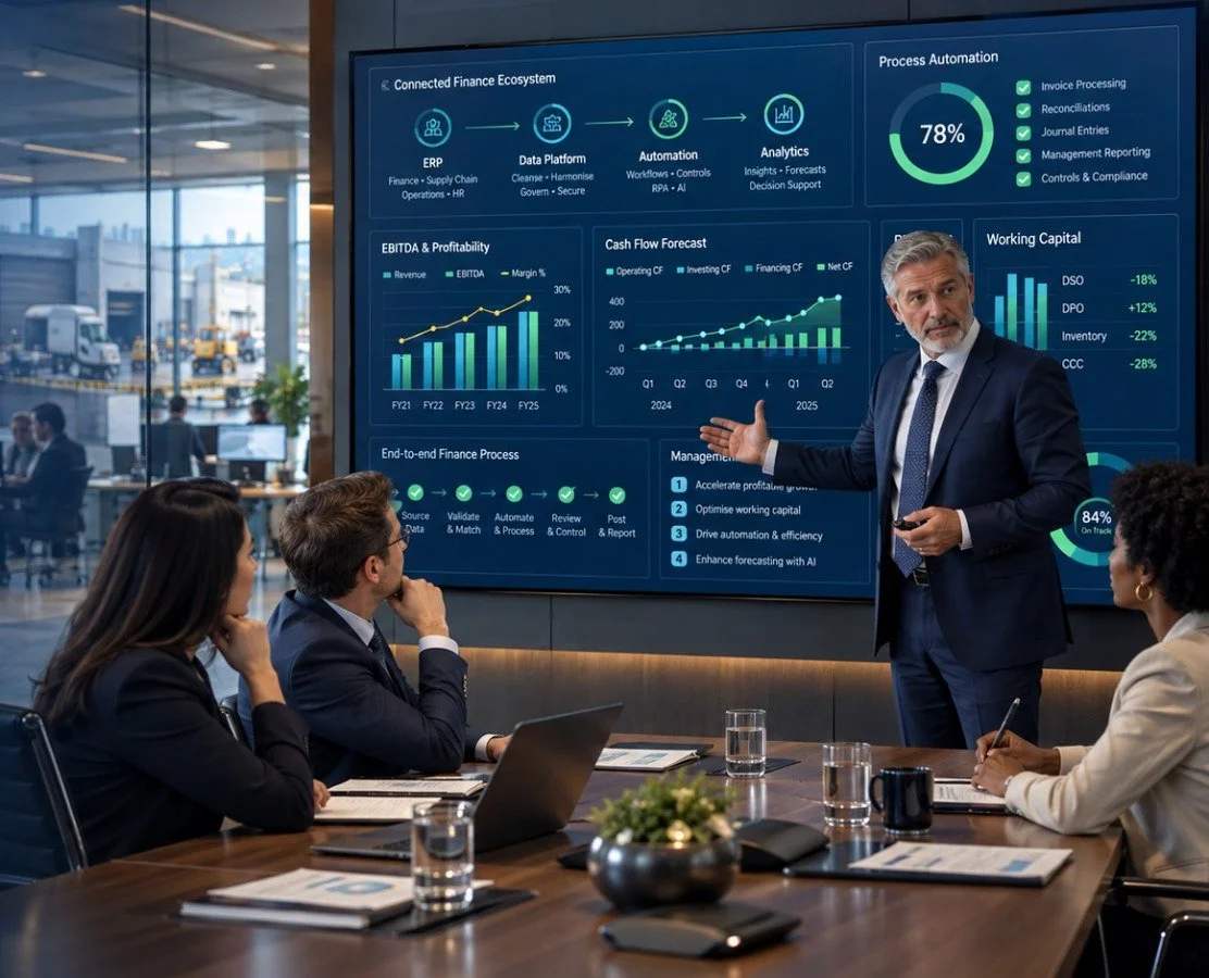 CFO presenting a connected finance ecosystem and process automation dashboard