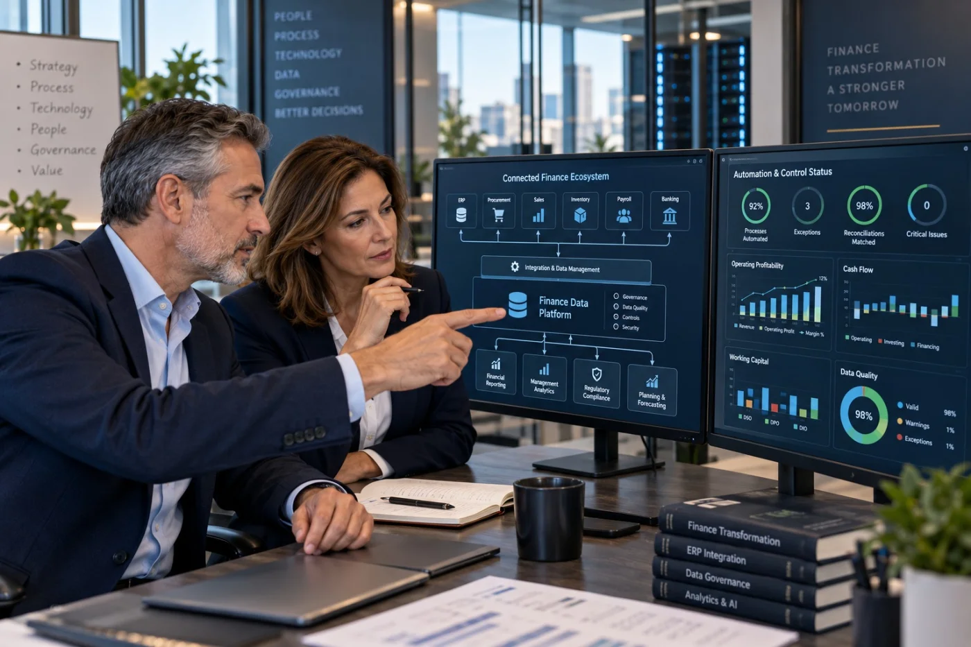 Finance leaders reviewing a connected finance ecosystem and automation control dashboard