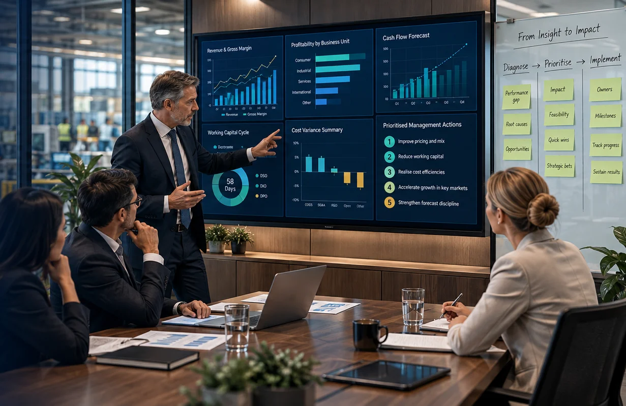 CFO presenting a financial performance dashboard with a From Insight to Impact planning board