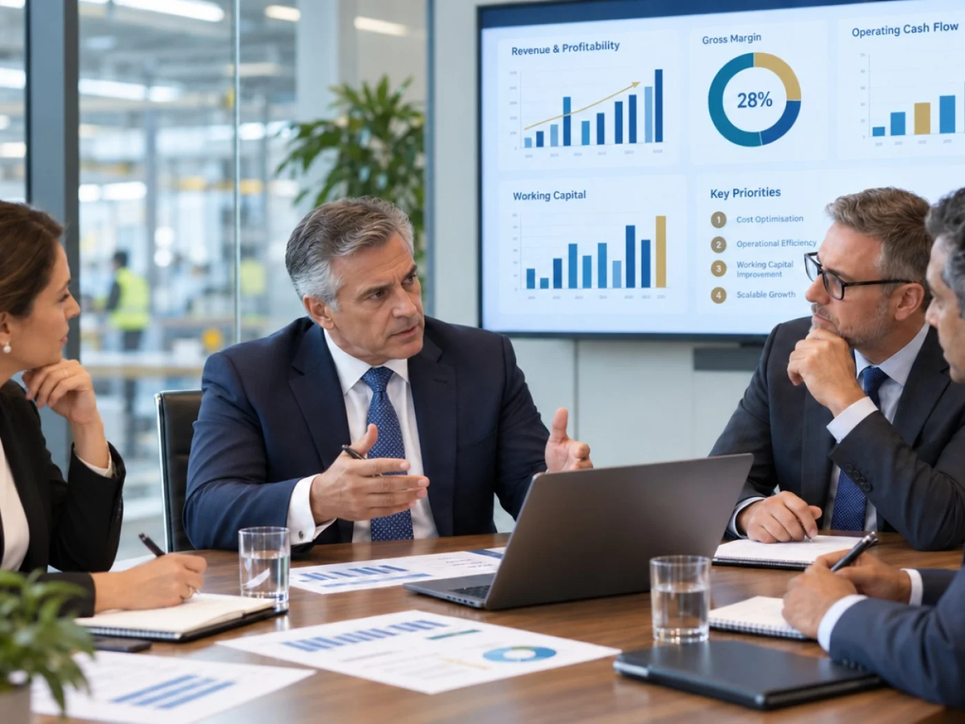 CFO presenting revenue, gross margin and cash flow dashboards to leadership team in boardroom