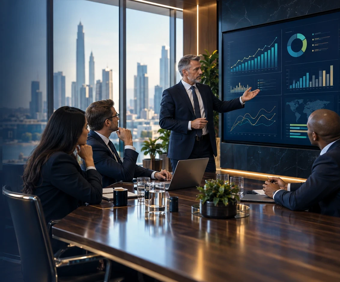 Virtual CFO presenting financial performance dashboards to a business leadership team in a boardroom