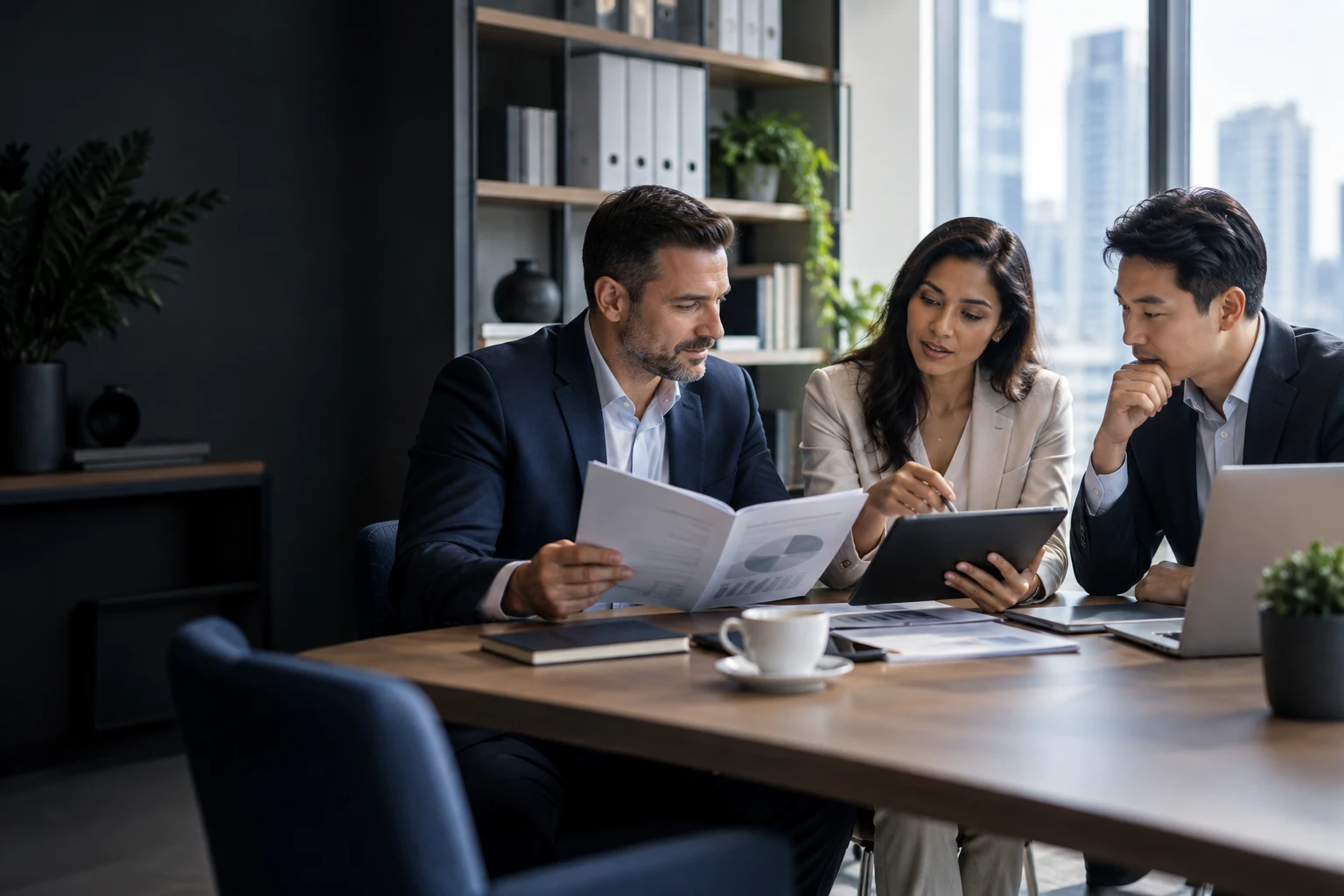 Three finance professionals reading and discussing a printed report and tablet in an office