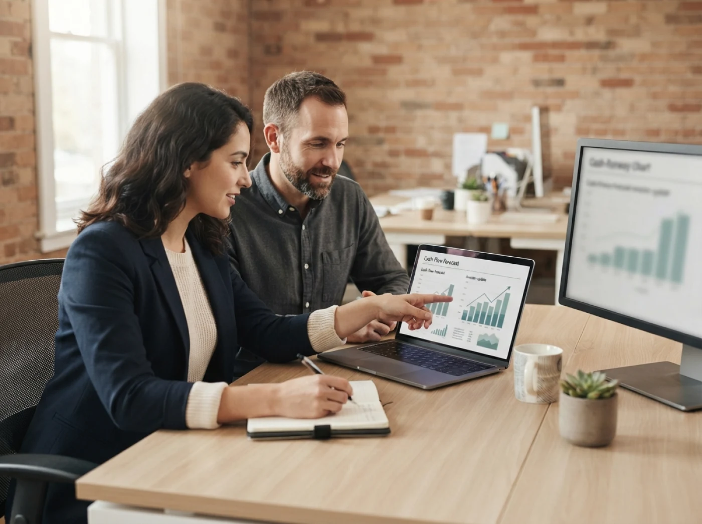 Two founders reviewing a cash-flow forecast and investor update on a laptop in a modern office