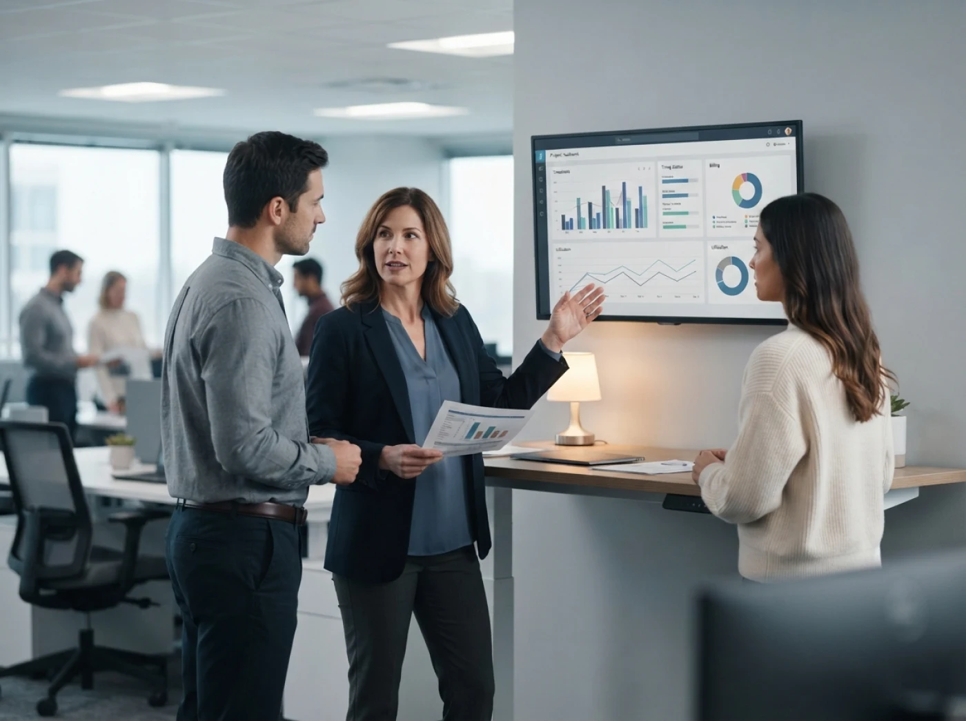 An IT services delivery team reviewing a project dashboard with billing and utilisation charts on a wall screen