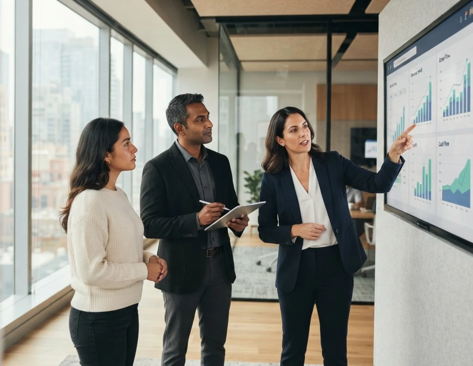 Technology company executives reviewing revenue, growth and cash flow dashboards in a modern office