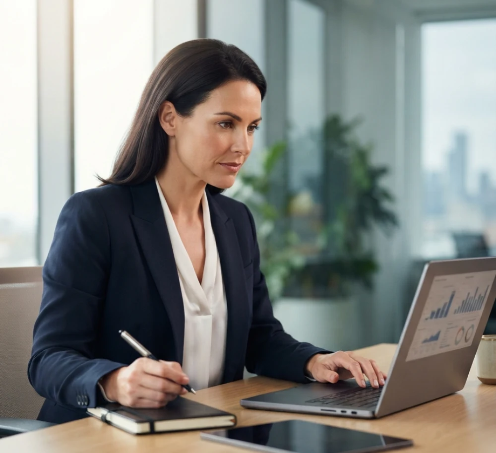 A technology company finance leader reviewing revenue and growth charts on a laptop at a modern office desk