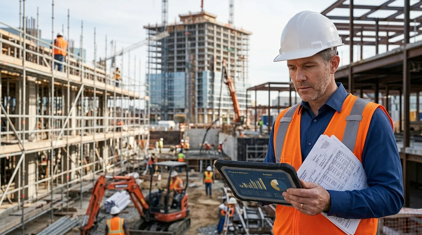 A project manager at an active construction site reviewing progress-billing and budget charts on a tablet, cross-checking a paper billing document