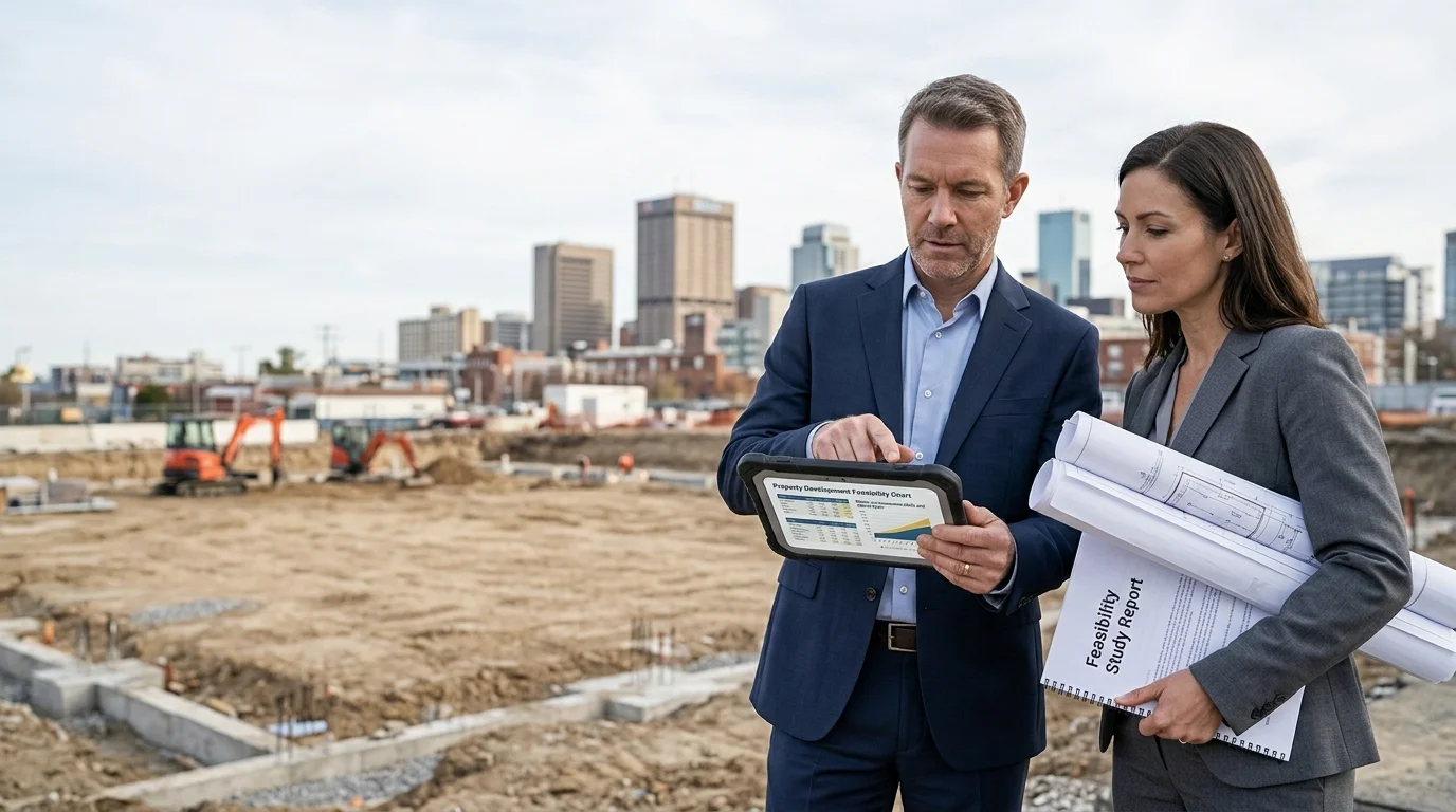 A property investor and finance advisor reviewing a development feasibility chart on a tablet and a feasibility study report, standing at an early-stage development site with a city skyline in the background