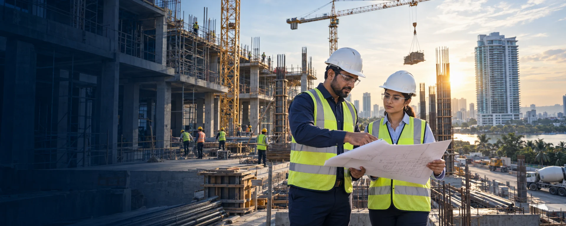 Two engineers in hard hats reviewing architectural blueprints at an active construction site