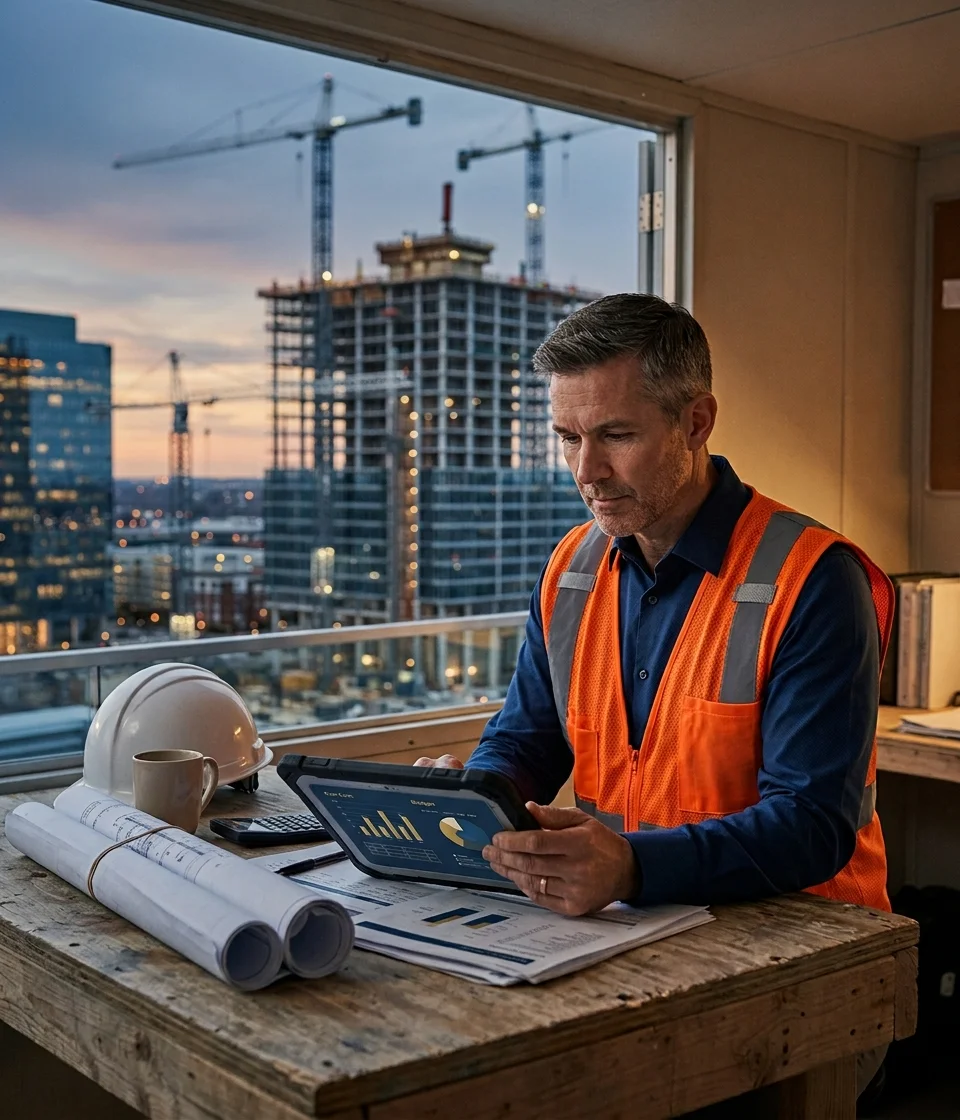 Real Estate & Construction Industry A construction site manager reviewing a cost and budget dashboard on a tablet at a site office desk, with blueprints and cranes visible through the window at dusk