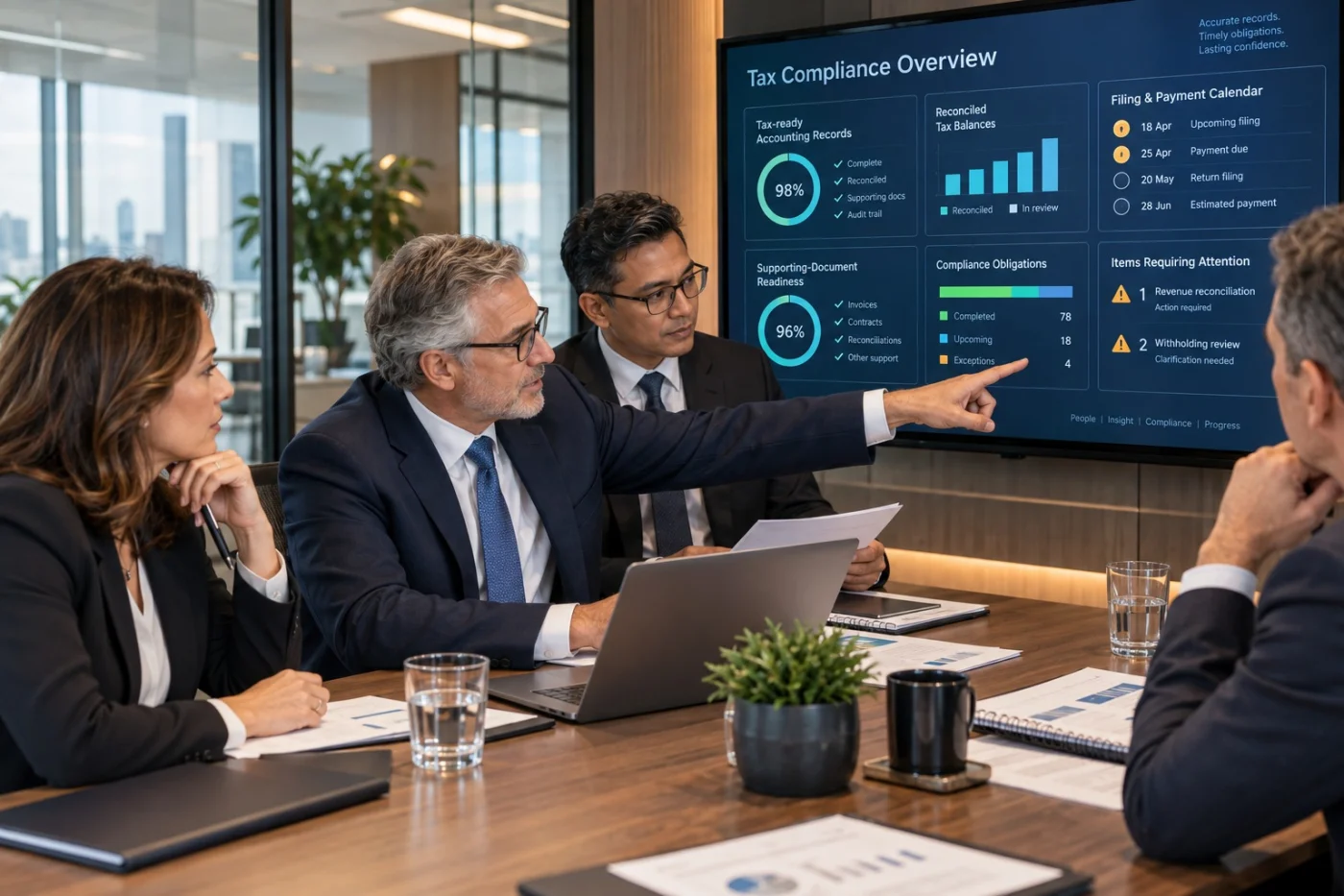 Finance professionals reviewing a tax compliance overview dashboard with reconciled balances and filing calendar